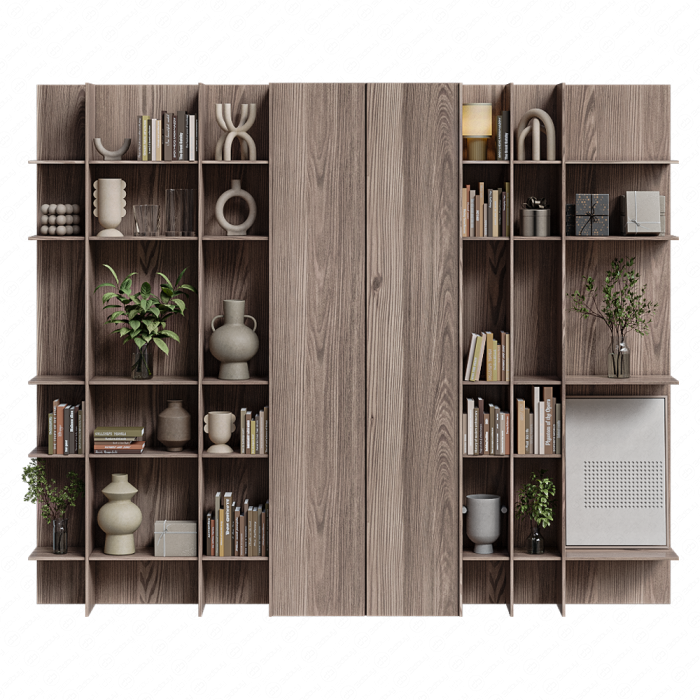 Стеллаж из дерева с книгами и растениями