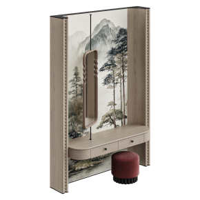 Dressing table in front of photo wallpaper