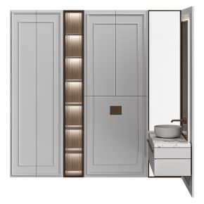 Corner bathroom design with wood and glass facades.