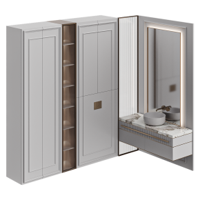 Corner bathroom design with wood and glass facades.