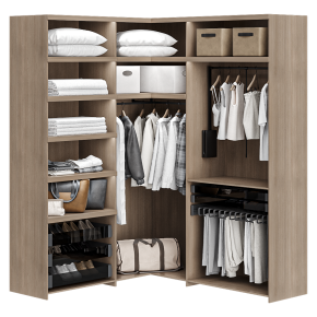 A wardrobe with clothes and shoes.