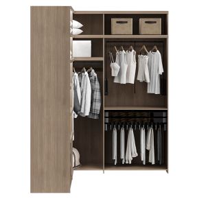 A wardrobe with clothes and shoes.