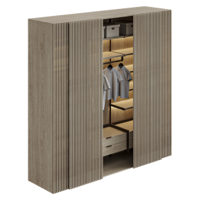 Wardrobe-dressing room with clothing decor.