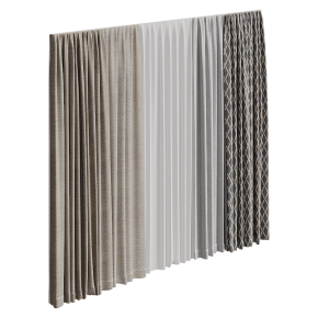Gray curtains with various patterns and tulle.
