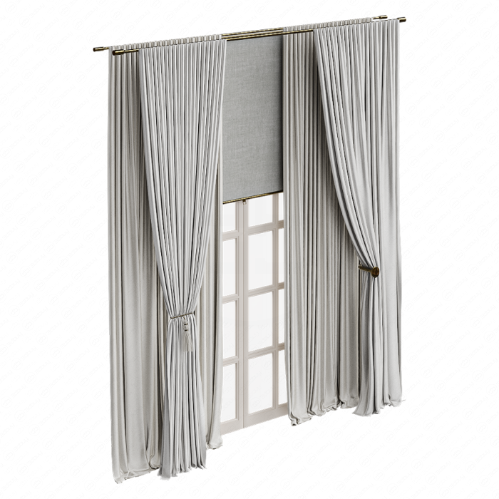 Шторы в пол с подхватам и римская светлые