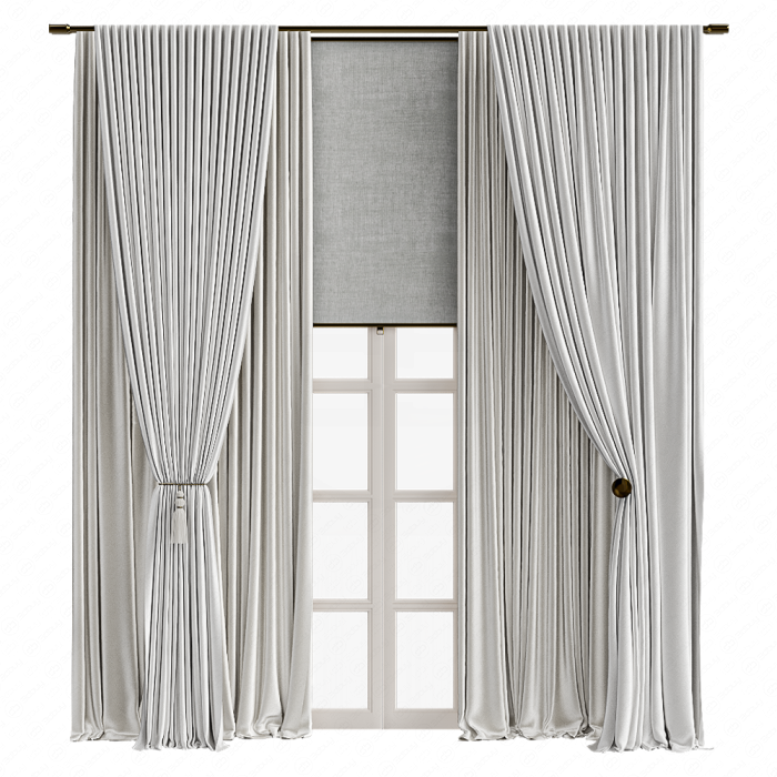 Шторы в пол с подхватам и римская светлые