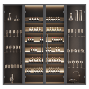 Wine cabinet with tableware and glasses.