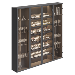 Wine cabinet with tableware and glasses.