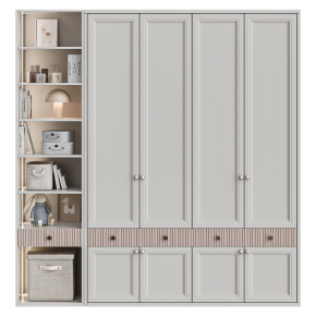 White-pink children's wardrobe with toys.