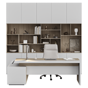 Beige office furniture set with decor.