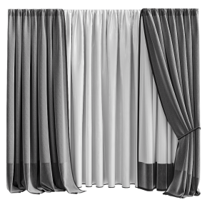 Gray heavy curtains with tiebacks.