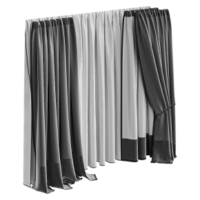 Gray heavy curtains with tiebacks.