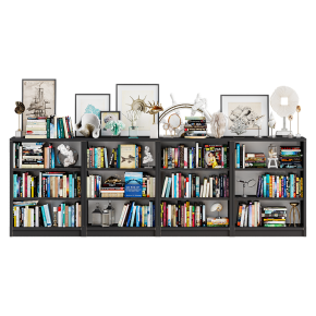 Книжный шкаф черный с книгами и декором