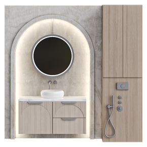 A bathroom design in light wood with a round mirror.