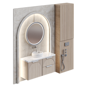 A bathroom design in light wood with a round mirror.