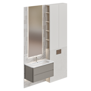 Bathroom design with a wall-mounted vanity and a mirror with lighting.