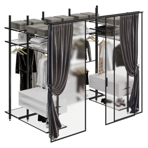 A wardrobe with dark curtains.