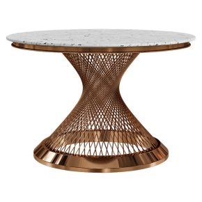 Modern round dining table made of white stone.