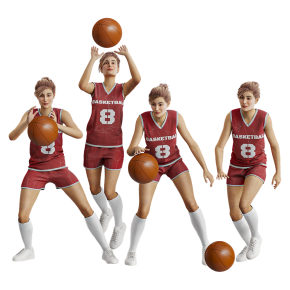 A female basketball player in four poses.