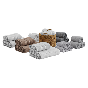 The towels are rolled up and in the basket.