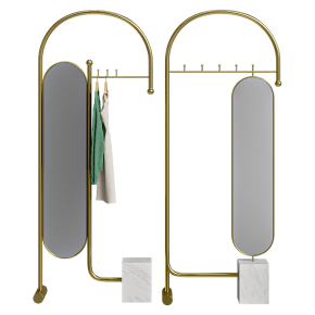 Floor-standing coat rack with a mirror.