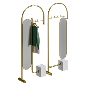 Floor-standing coat rack with a mirror.