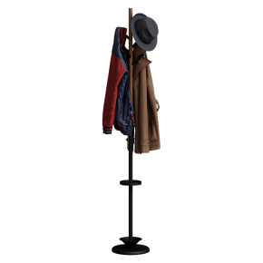 Floor-standing coat rack with an umbrella stand.