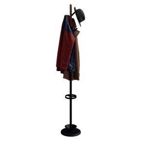 Floor-standing coat rack with an umbrella stand.